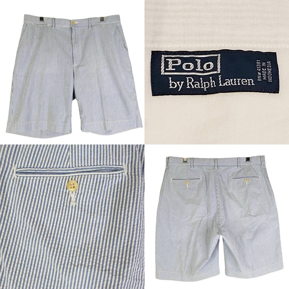 Polo Ralph Lauren Shorts Mens 36 Blue Seersucker Pleated Striped Summer Preppy